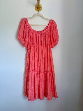Umgee Coral Textured Mini Dress 🍉 | Puff Sleeve Tiered Babydoll (M)